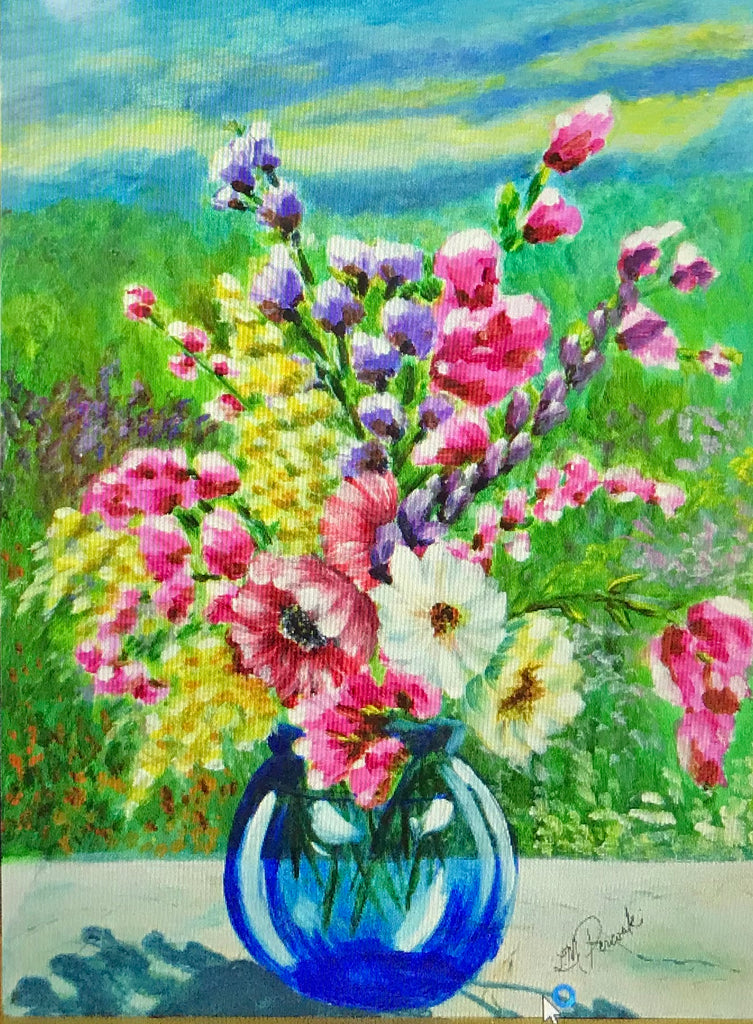 Blue vase with spring flowers